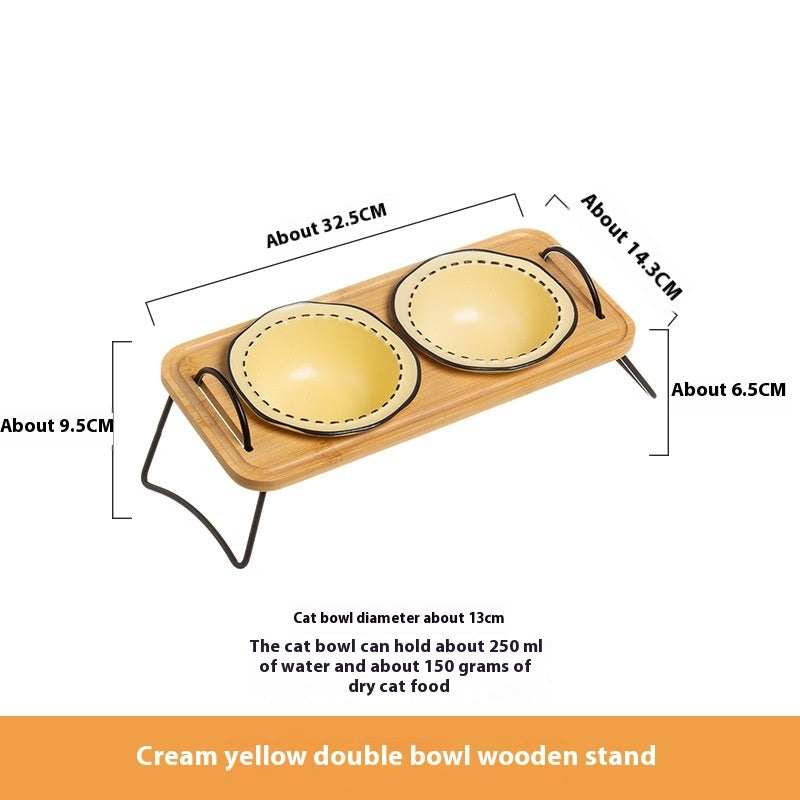 Pet Wooden Multi-functional Ceramic Rack Bowl