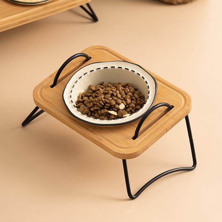 Pet Wooden Multi-functional Ceramic Rack Bowl