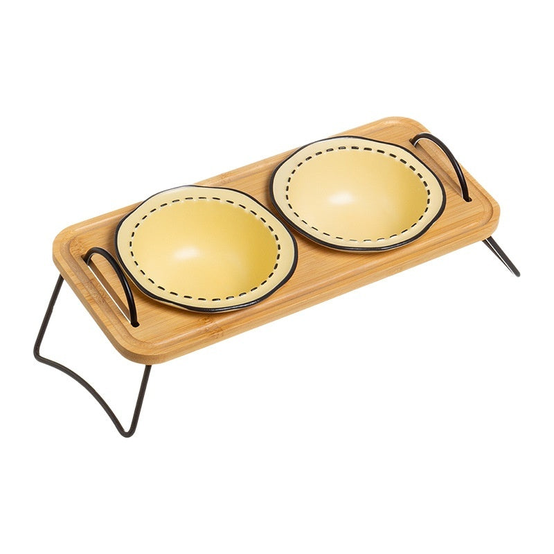 Pet Wooden Multi-functional Ceramic Rack Bowl